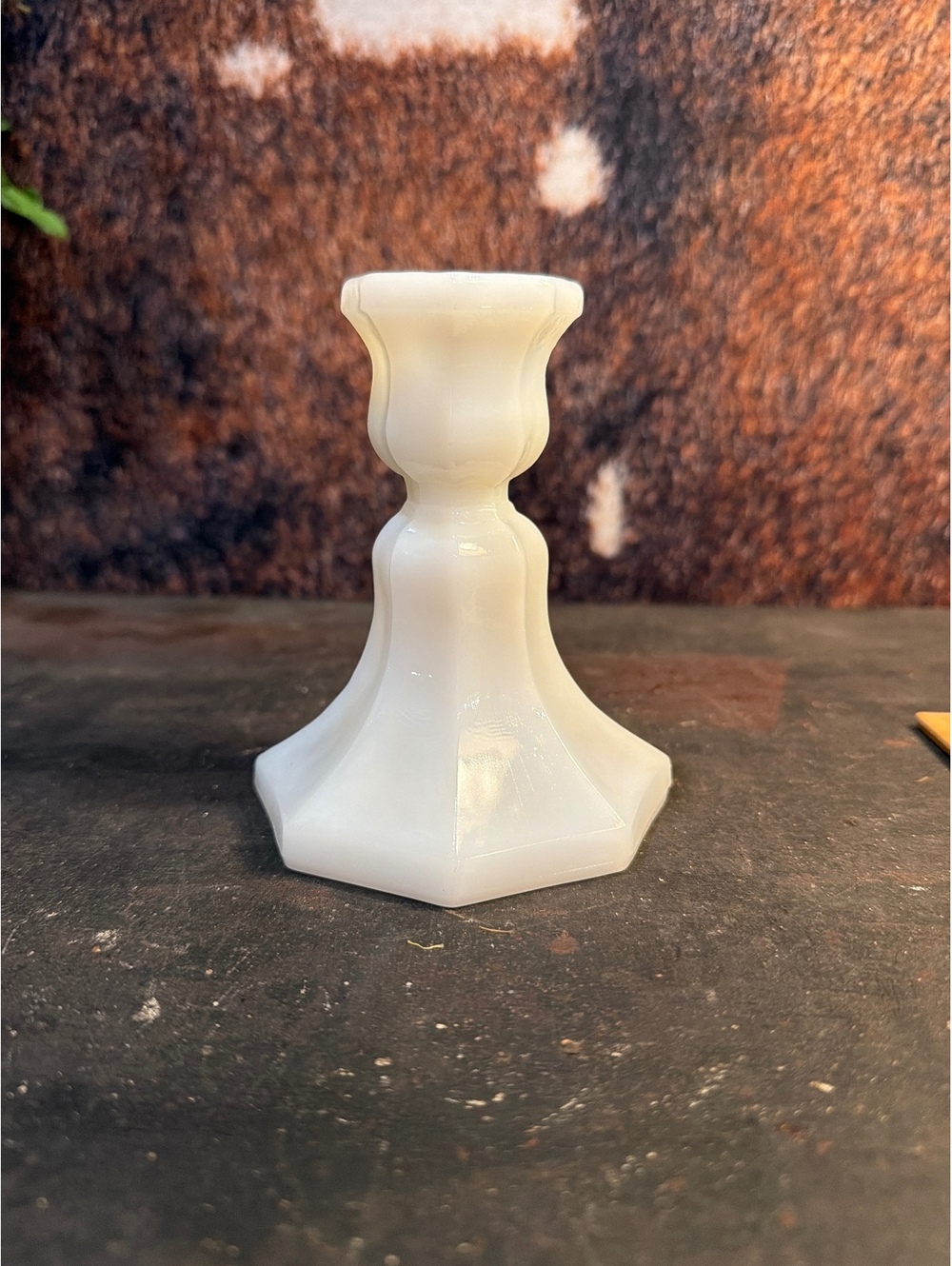 Vintage White Milk Glass Candle Holder with Octagonal Base